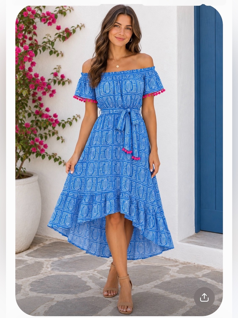 FLYING TOMATO off-Shoulder Blue Print High-Low Dress with Tie Waist, S